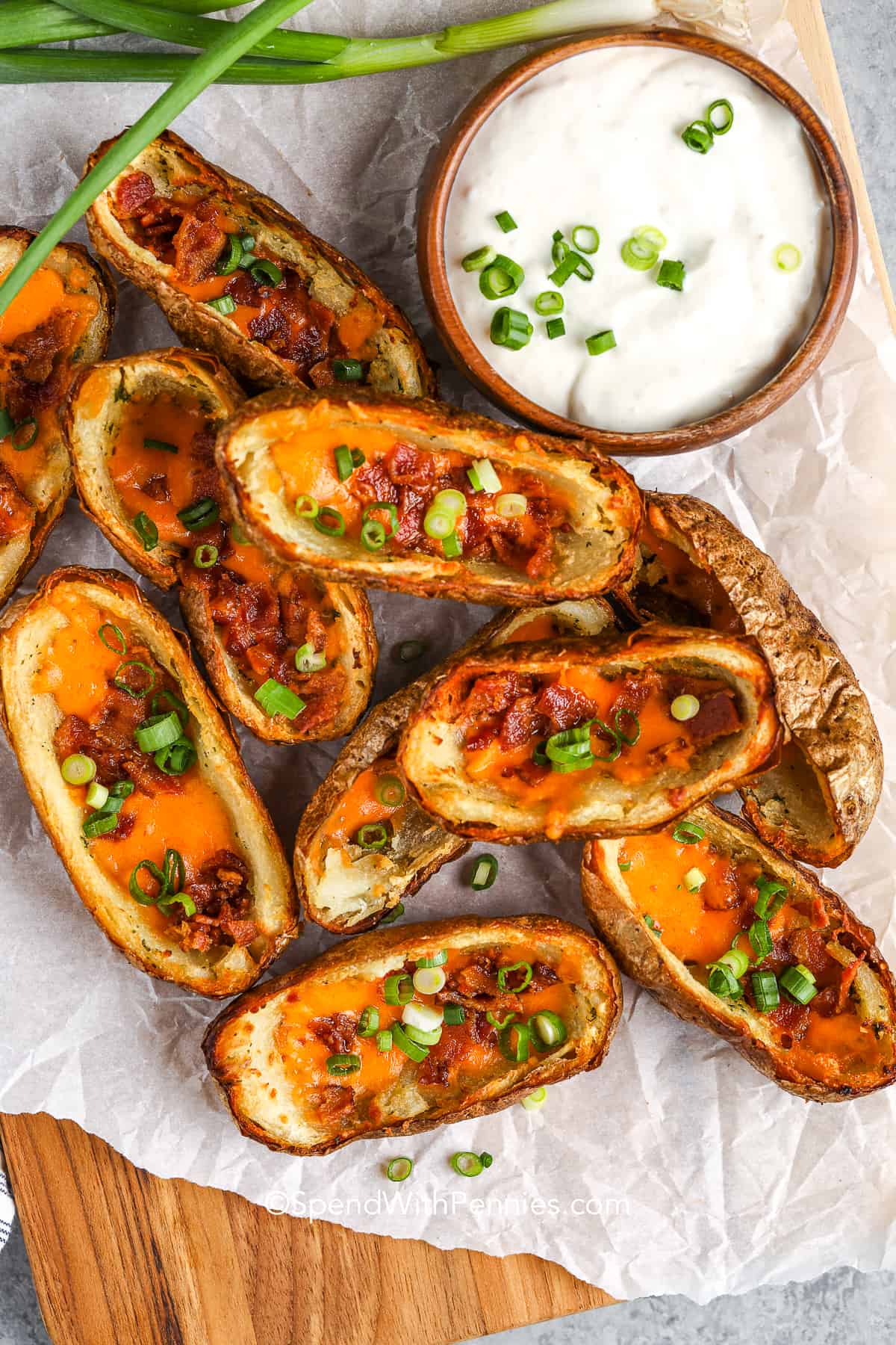 platter of Crispy Oven Baked Potato Skins with sour cream