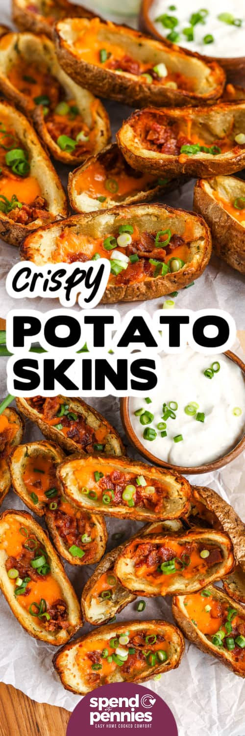 plated Homemade Potato Skins and close up photo with a title