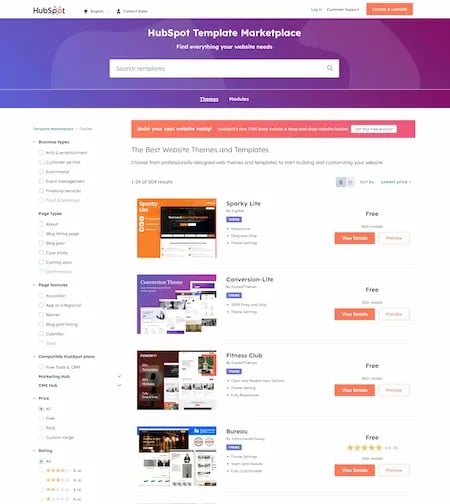 Screenshot showing some free templates available in the HubSpot marketplace.