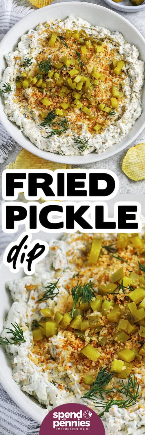 County fair deep-fried pickles are reimagined as a delicious fried pickle dip! Cream cheese and sour cream mix with diced pickles, savory spices, and crispy parmesan breadcrumbs in this tangy recipe. Try different flavors like ranch or buffalo for a twist. Made with pantry ingredients, this dip is a mouthwatering taste of the south. #spendwithpennies Fried Pickle Dip in a bowl and close up with a title
