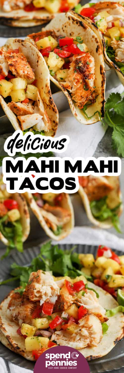 open faced Mahi Mahi Tacos on a plate and on a taco stand with a title