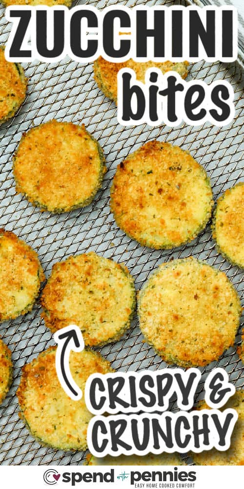 Crispy Fried Zucchini on a cooling rack with writing