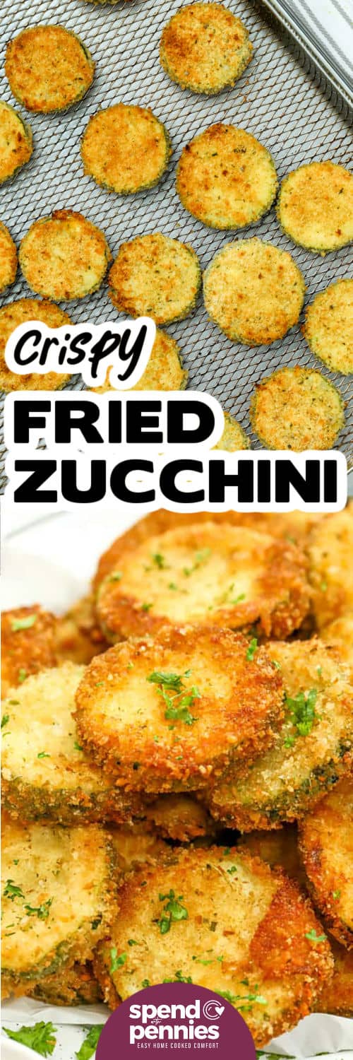 Crispy Fried Zucchini on a cooling rack and plated with a title