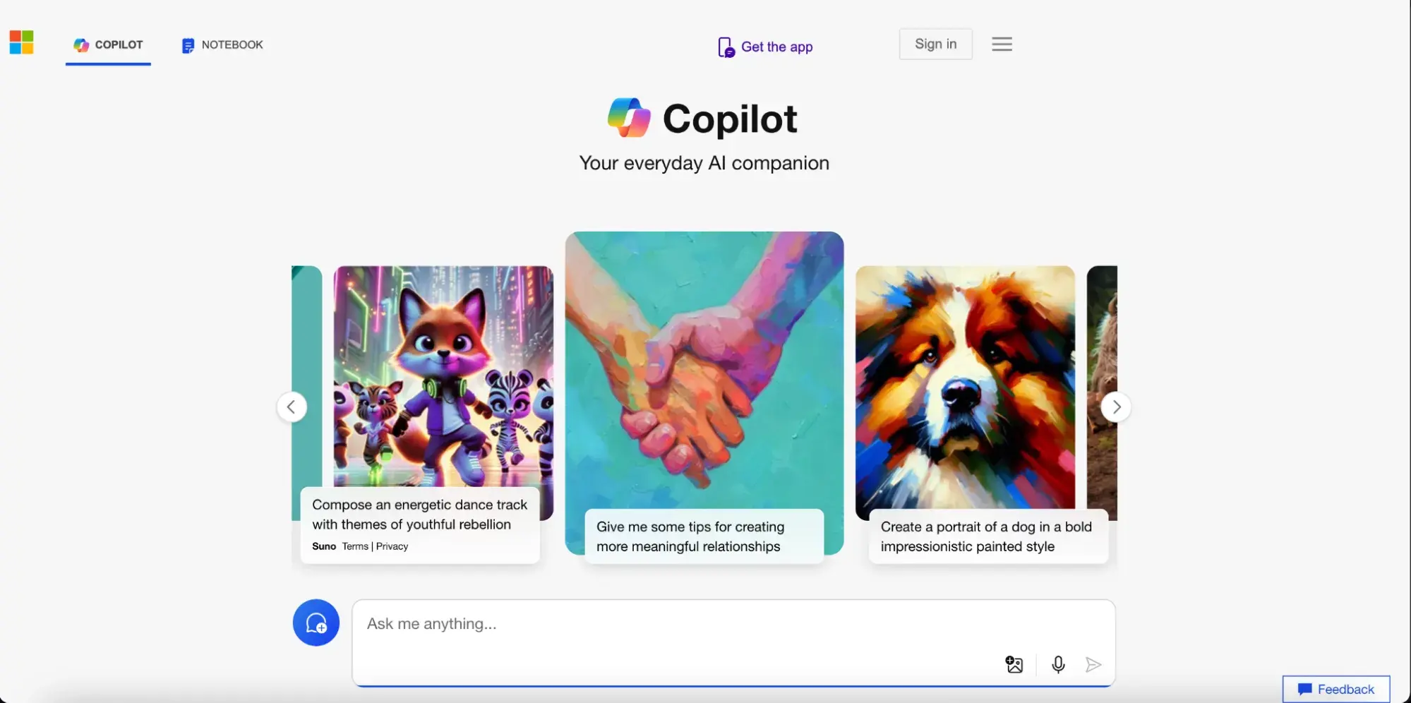 Microsoft Copilot web homepage.