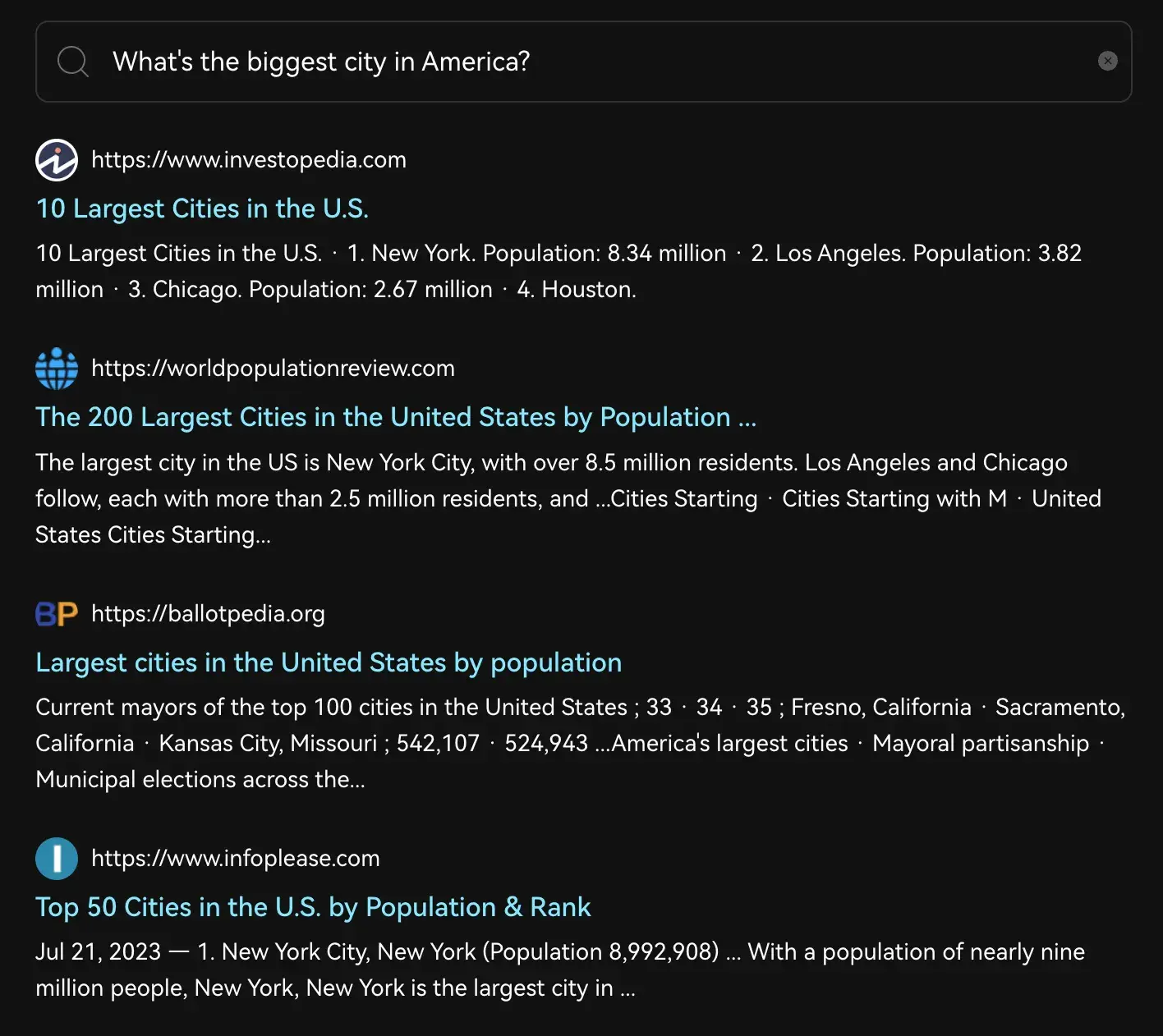 “What’s the biggest city in America?” searched in “Search” mode.