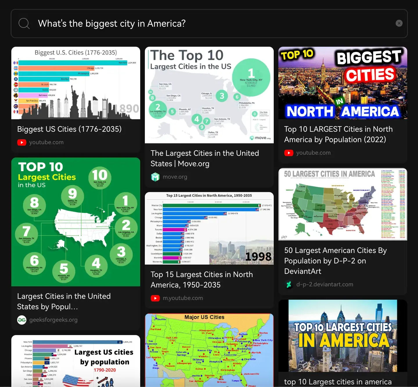 “What’s the biggest city in America?” searched in “Explore” mode.