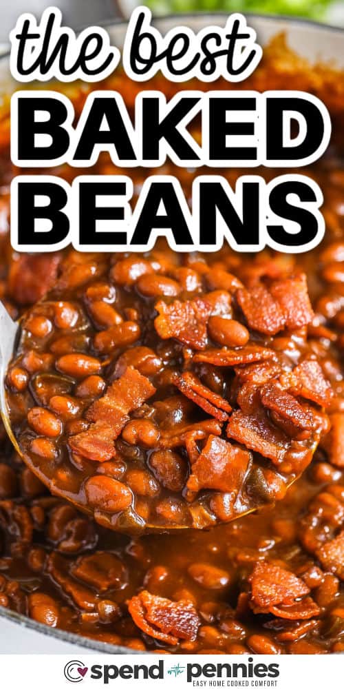 close up of The Best Baked Beans in a spoon with a title