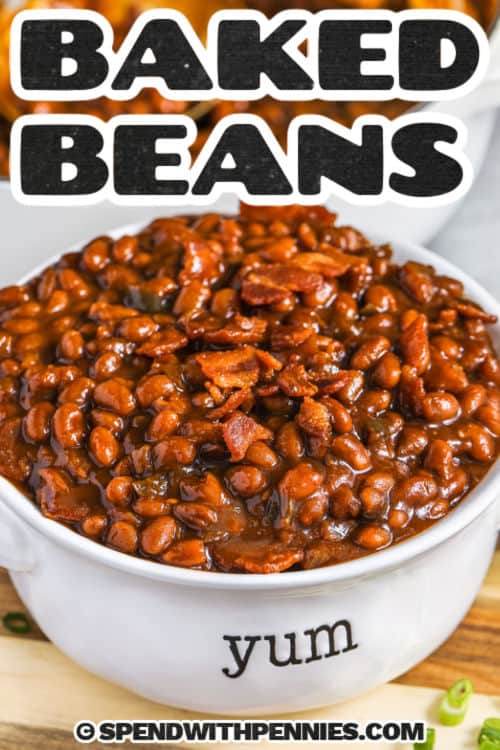 plated The Best Baked Beans with bacon peppers and onions with a title