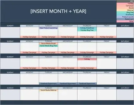 screenshot showing a color coded social media calendar template