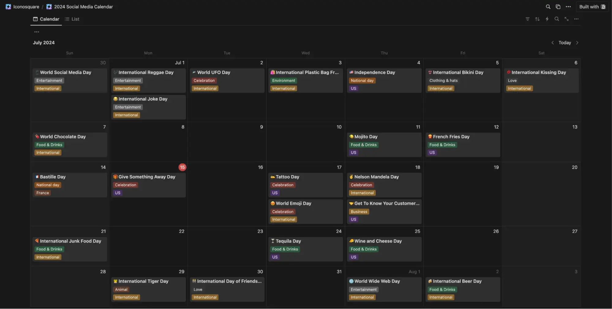 Screenshot showing Iconosquare's social media calendar template, a monthyl calendar that can be used in Notion or Google Calendar