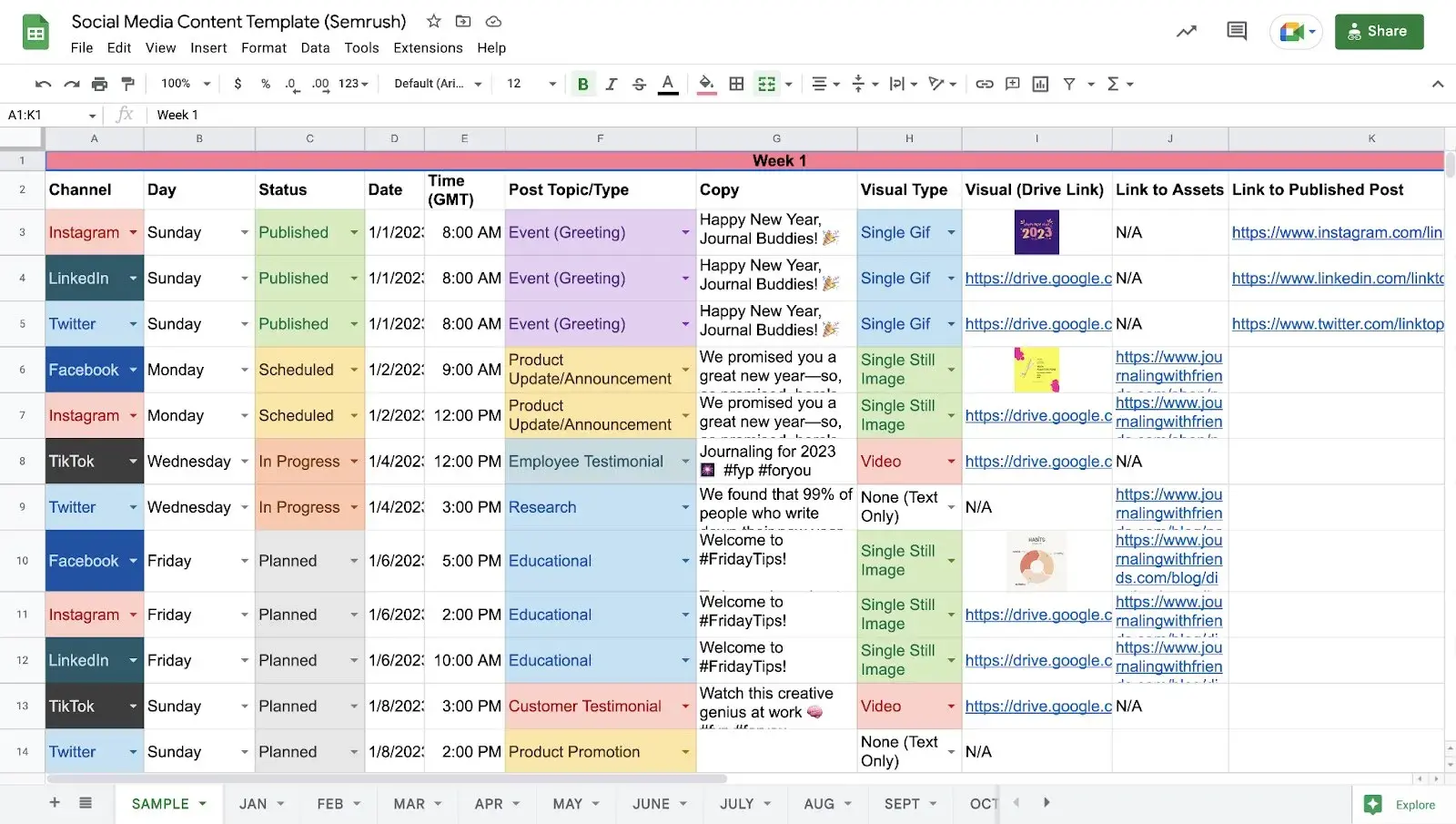 Screenshot showing Semrush's social media calendar template, a color-coded spreadsheet with columns for all crucial information