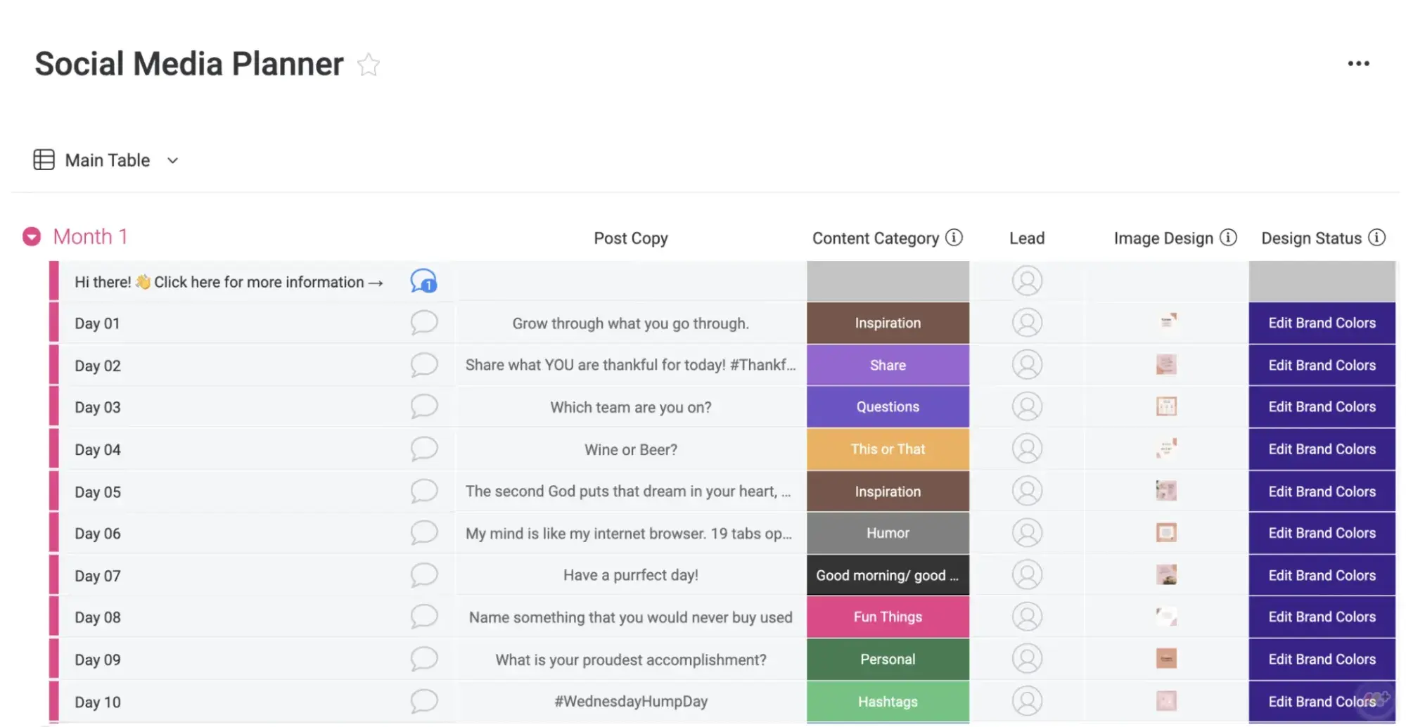 Screenshot showing Monday's social media calendar template, a color-coded project board to be used within the tool