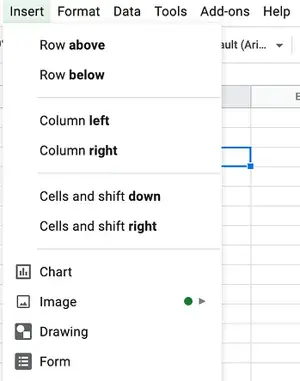 screenshot showing the contents of the Google Docs "insert" dropdown menu