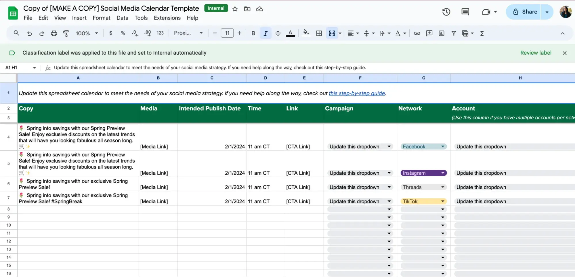 Screenshot showing SproutSocial's social media calendar template, a comprehensive spreadsheet with dropdowns for campaign network and more