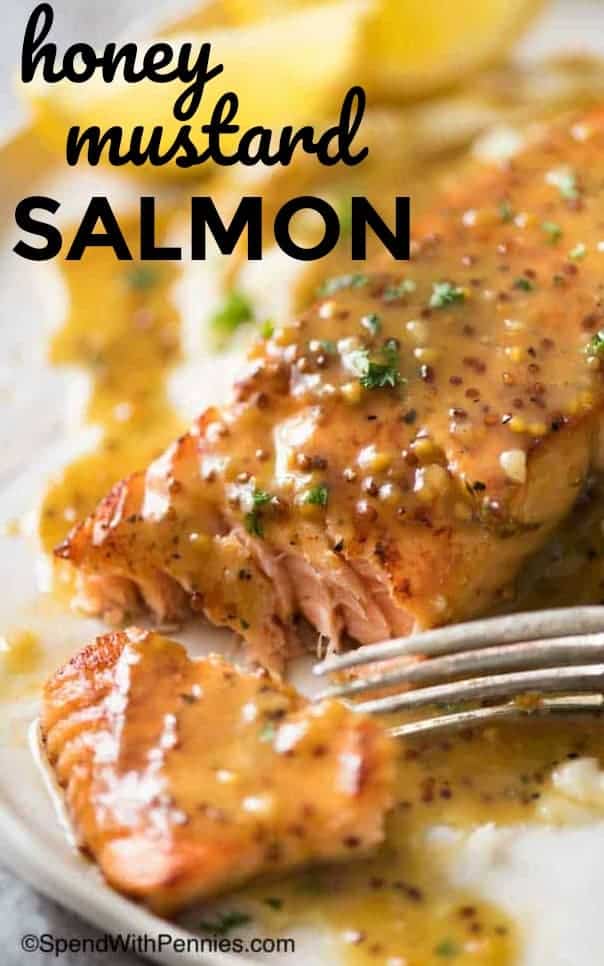 Honey Mustard Salmon on a plate with writing