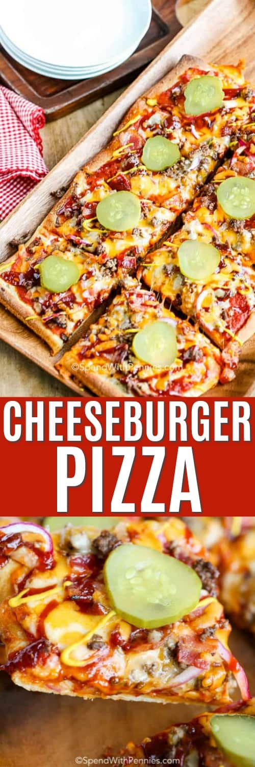 Cheeseburger Pizza with wording