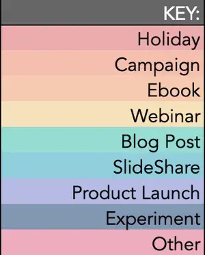 screenshot showing a color-coded key for a social media calendar