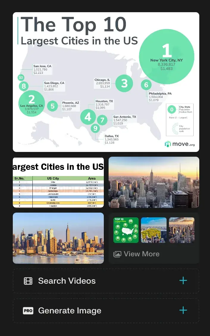 Image results from Perplexity, including a map of the top 10 largest cities in the US, and images of the Manhattan skyline.