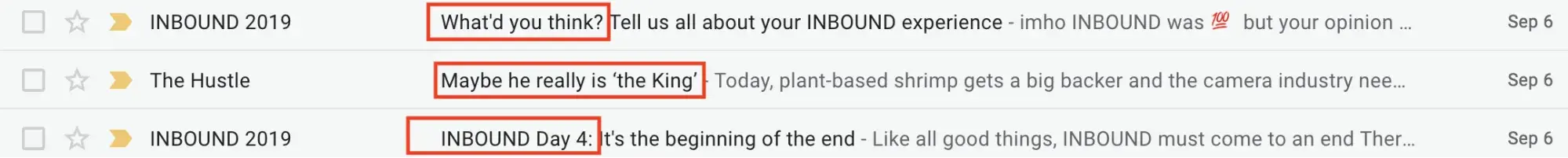 Screenshot of email subject lines that fit email design best practices