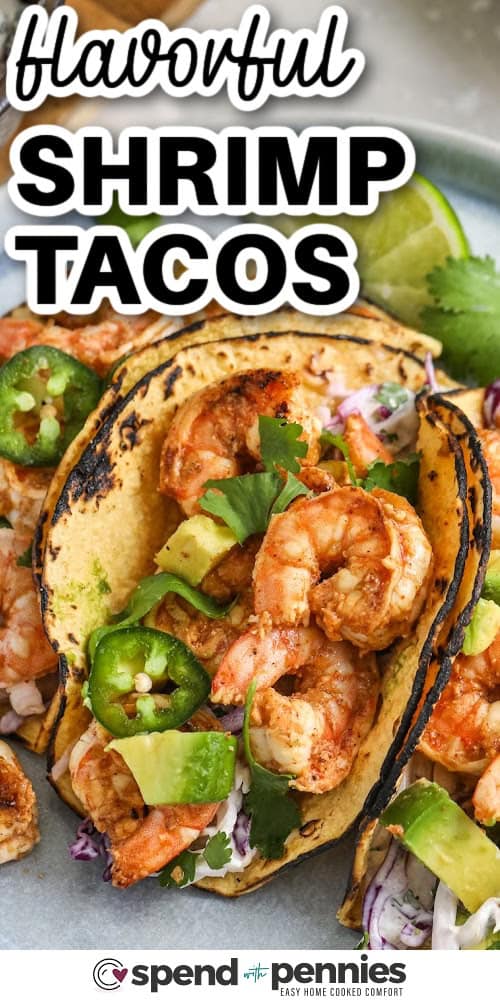 flavorful shrimp tacos with a title