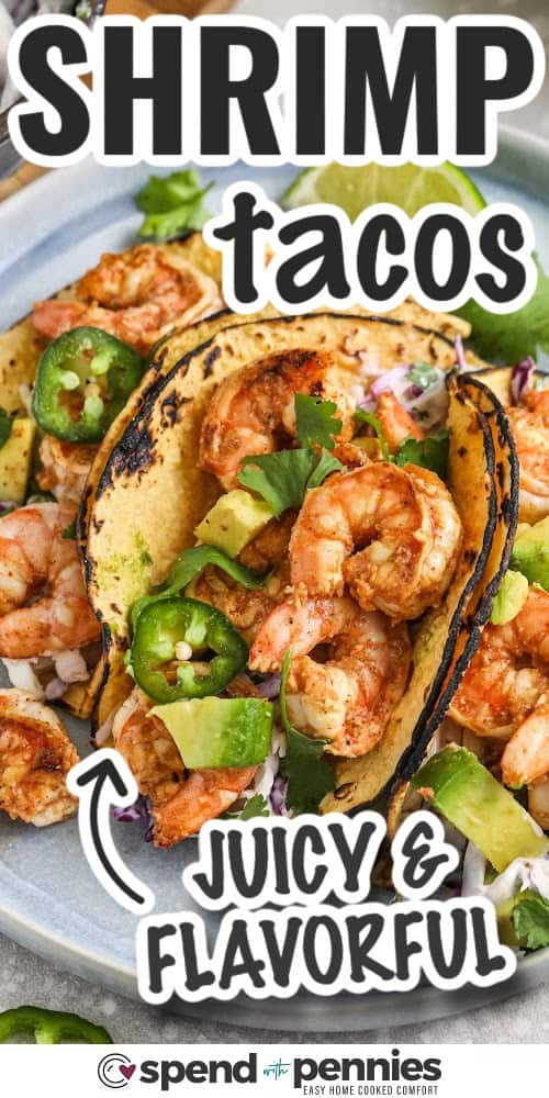 a plate of prepared shrimp tacos with a title