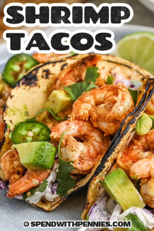 prepared shrimp tacos with a title