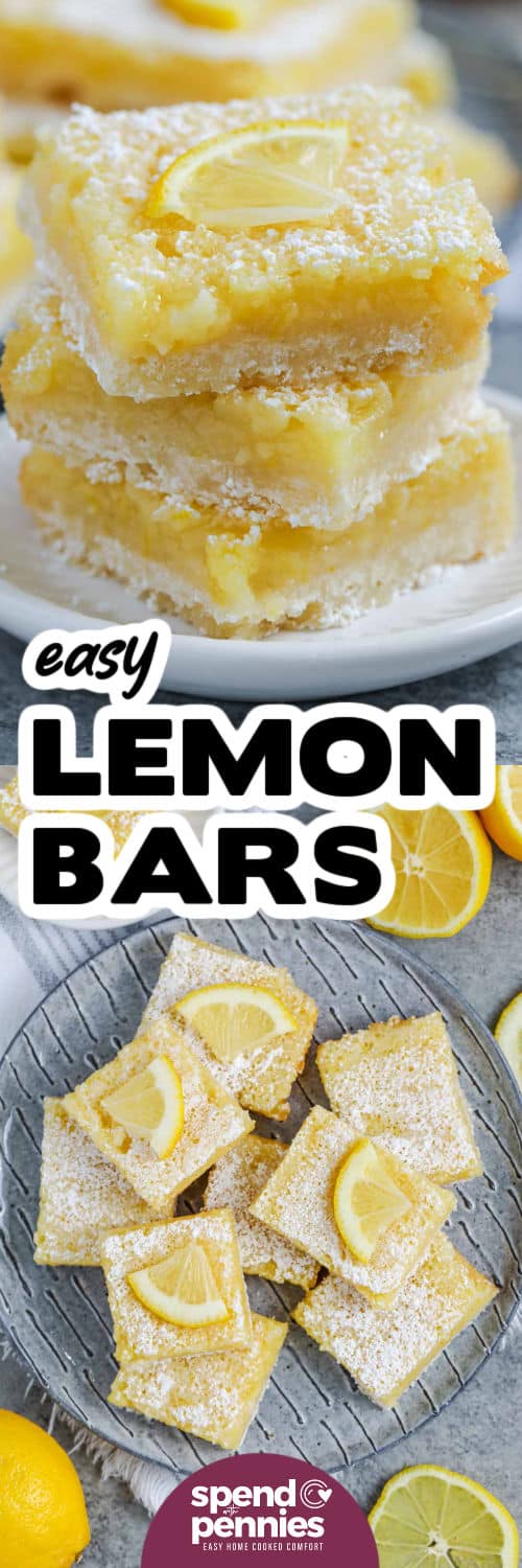 Easy Lemon Bars Recipe on a plate and close up photo with a title