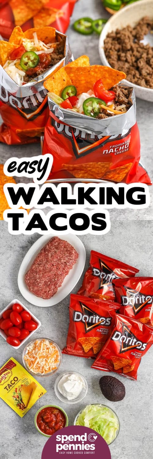 Top image - prepared walking tacos. Bottom image - ingredients to make walking tacos with a title