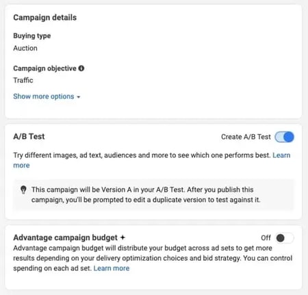 Screenshot of the A/B testing feature in Facebook Ads.