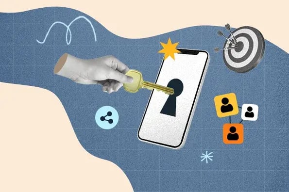 4 Executive Tips to Improve Your Marketing Success 2 Professional relationships graphic with a smartphone that has a keyhole being opened with a key, and icons for networking