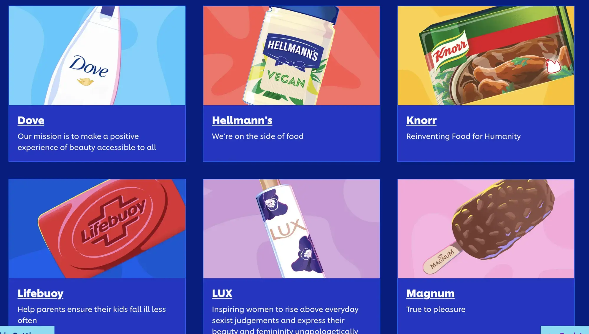 Screencap of some of Unilever's brands. Dove, Hellmann’s, Knorr, Lifebuoy, LUX, and Magnum.