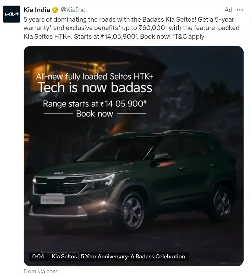 X ads example from Kia India with “ad” marked in post