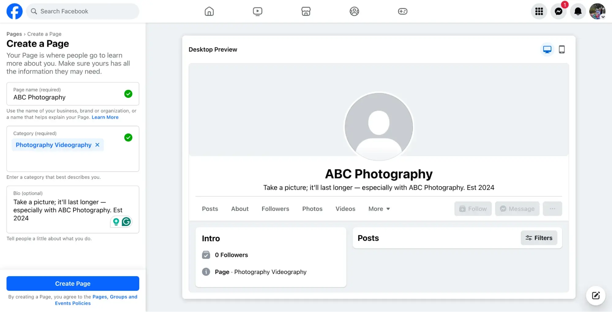 Screenshot showing what it looks like when creating a new Facebook Page for a business