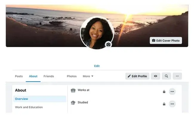 Screenshot showing an example of a personal profile on Facebook