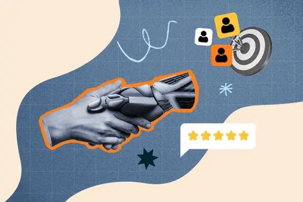 AI conversion rate optimization graphic with a human hand shaking hands with a robot hand and icons for CRO