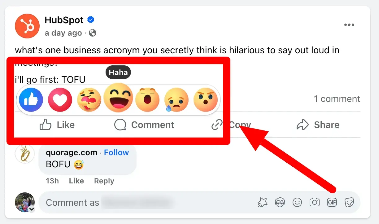 Screenshot showing the reactions options on Facebook