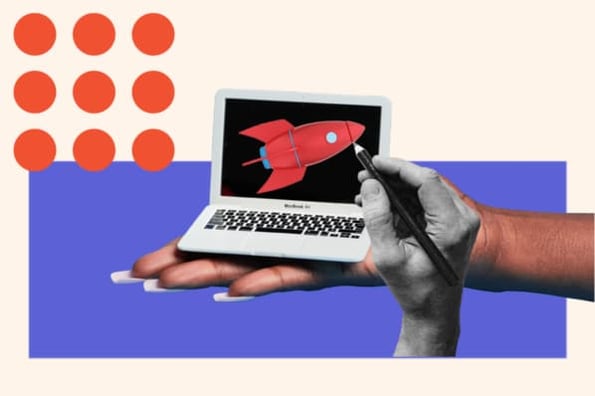 A hand with a pencil draws a rocket ship on a computer, representing AI in graphic design