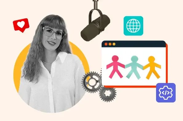 Tech job search graphic with icons of helping people, gears for tech, and an image of creator Thaisa Fernandes