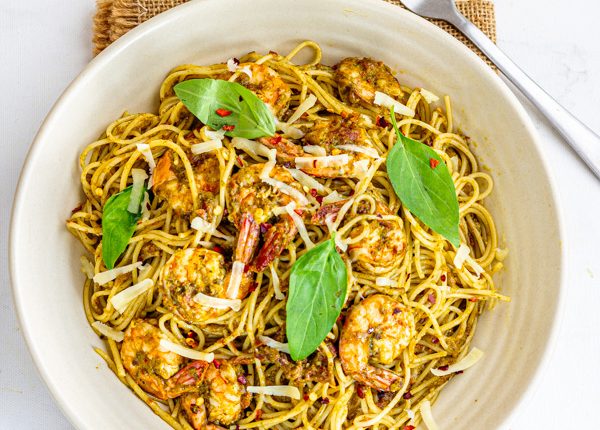 Shrimp Pesto Pasta with Sun-Dried Tomatoes